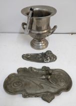 Plated metal to include a wine cooler, and an Art Nouveau style desk tidy and inkwell Location: If