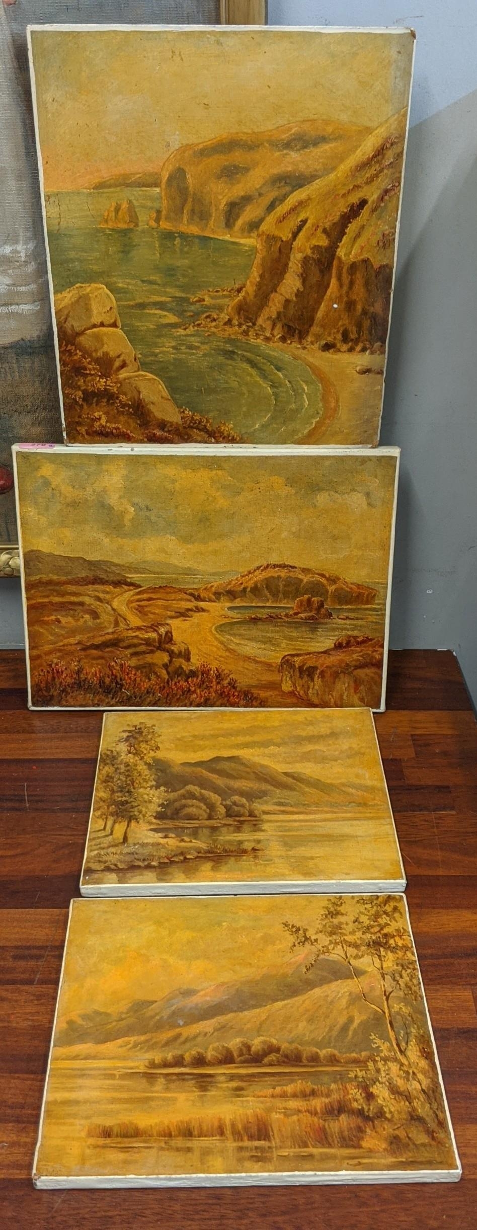 Four oil paintings, three on canvas and one on board, depicting two seascapes and two lake scenes