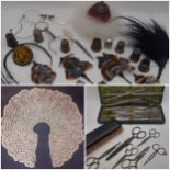 Collectables to include an early 20th Century treen handled powder puff, vintage feather hat