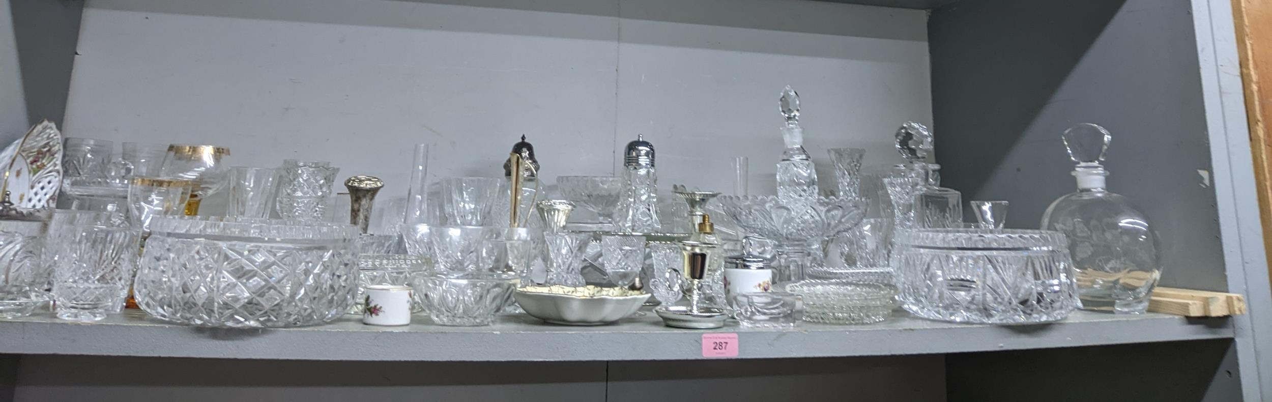 A mixed lot of cut and pressed table glassware, ceramics and other items to include a cake stand,