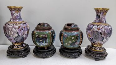 Two pairs of oriental cloisonne vases to include a pair of Japanese lidded vases with heart