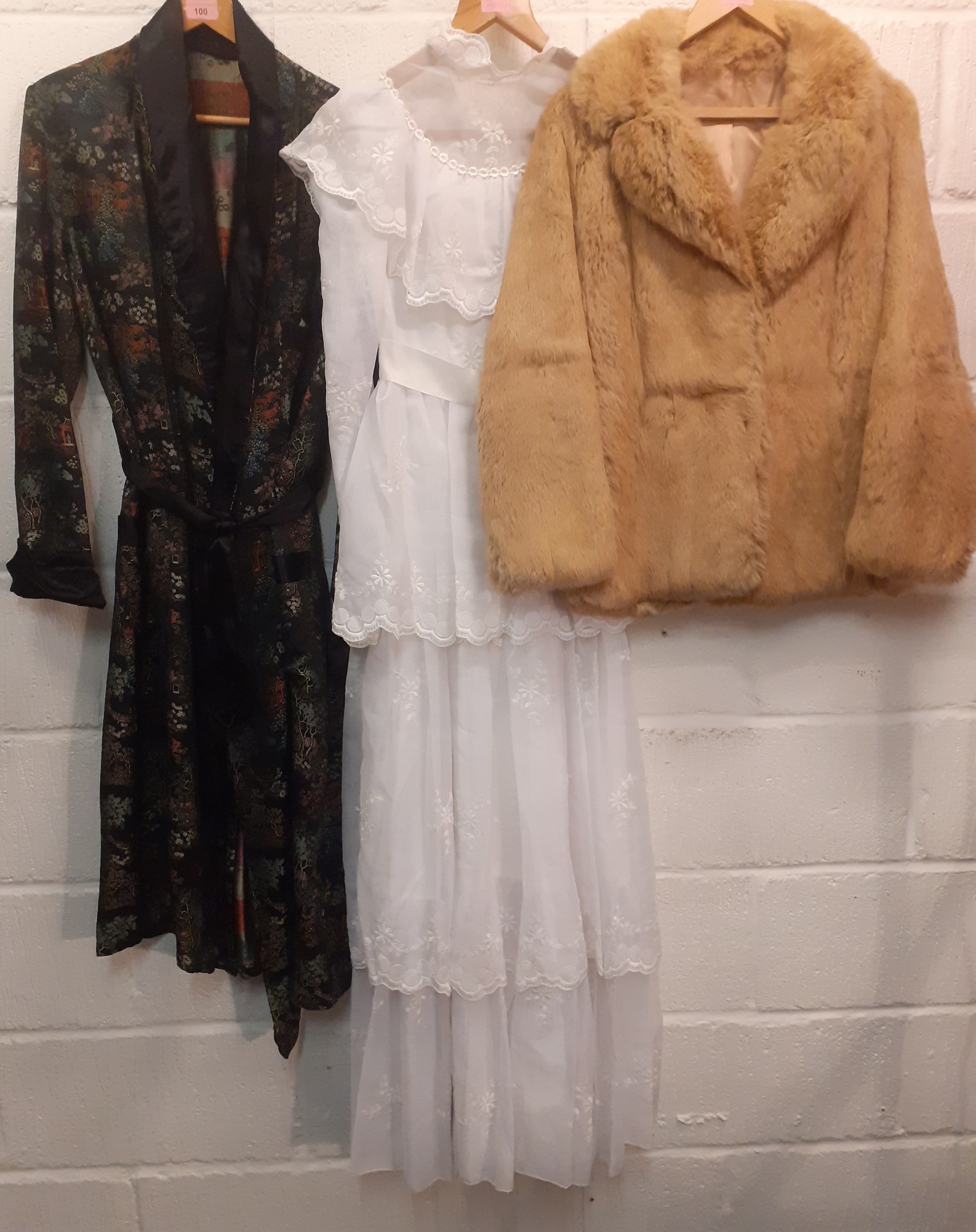 Mixed vintage clothing to include a black Oriental robe 42" chest, a 1970's white wedding dress