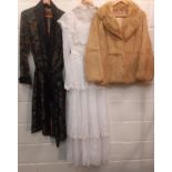 Mixed vintage clothing to include a black Oriental robe 42" chest, a 1970's white wedding dress