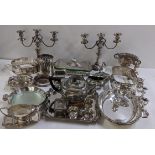 Mixed silver plate to include a pair of candelabras, wind coasters, Ronson safety ashtray, twin