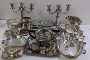 Mixed silver plate to include a pair of candelabras, wind coasters, Ronson safety ashtray, twin