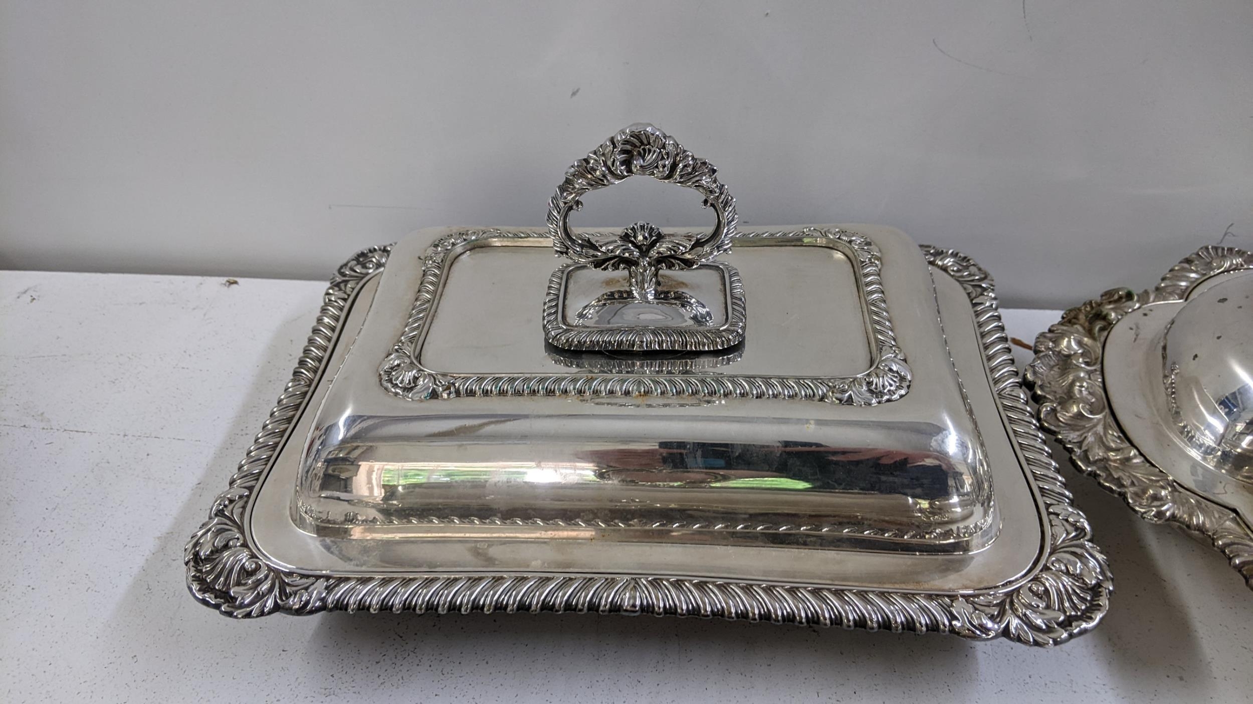 Four silver plated serving tureens to include a matching pair with C scroll handles, engraved with - Image 3 of 4