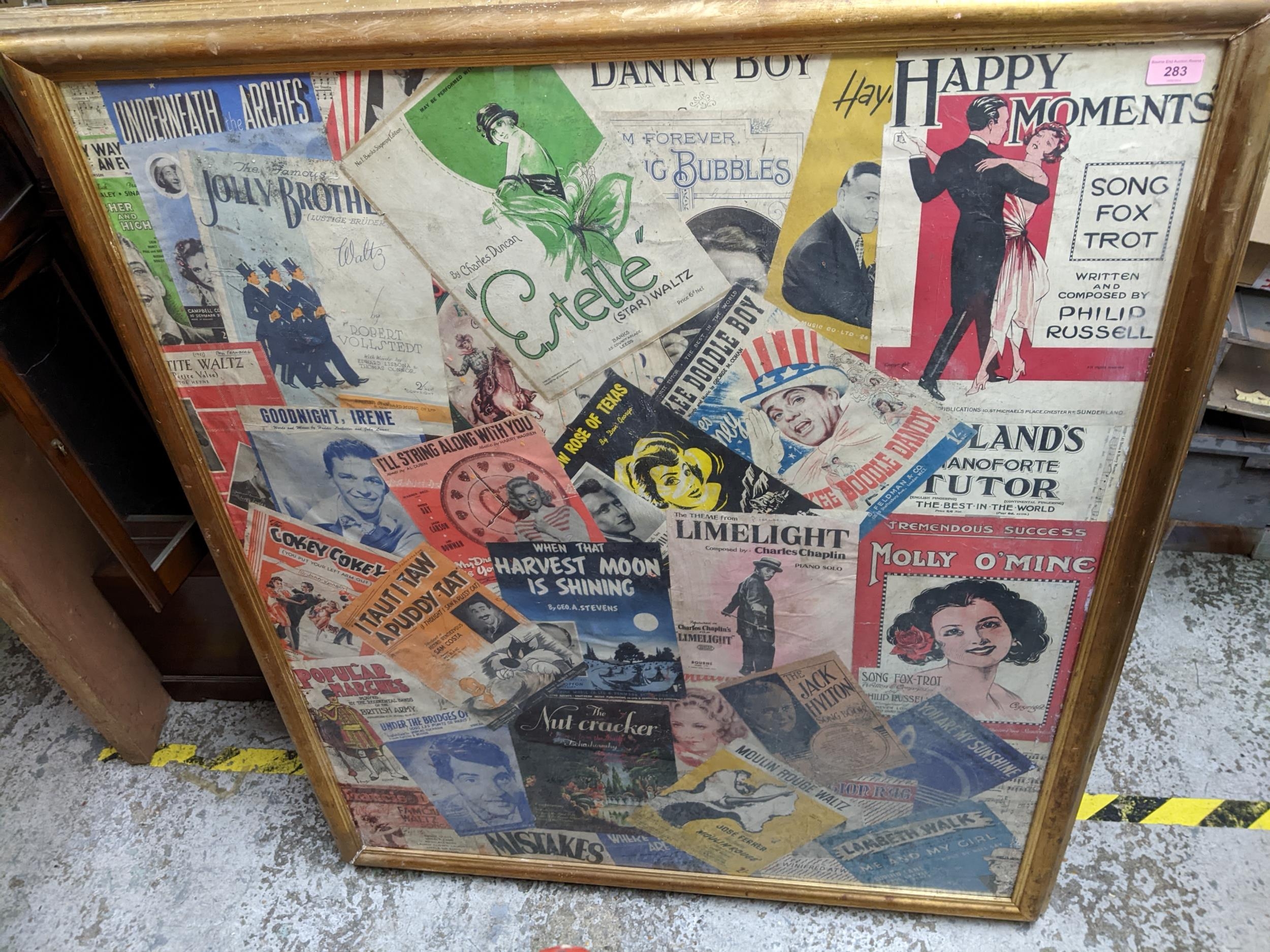 A large framed and glazed montage of vintage song sheet covers to include Molly O'ming and others,