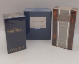 Three sealed fragrances comprising a bottle of L'Occitane Notre Flore Eau de Parfum 75ml, a bottle