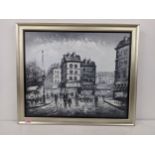 A black and white Parisian scene by Caroline Burnett, oil on board, 70cm w x 60cm h, signature,