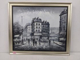 A black and white Parisian scene by Caroline Burnett, oil on board, 70cm w x 60cm h, signature,