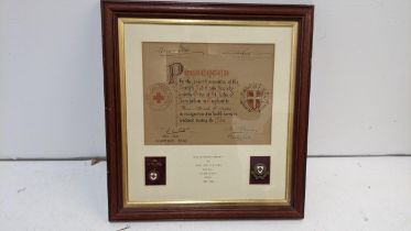 A Red Cross Society Valuable Service certificate to Miss M R Steptoe with two badges, framed and