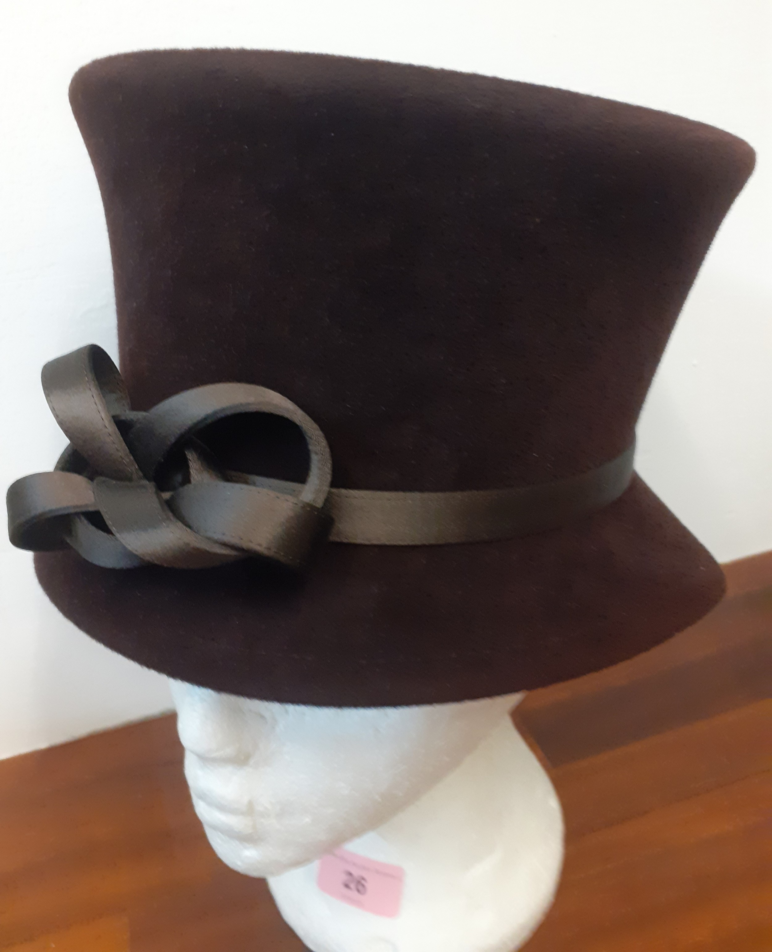 Philip Treacy- A ladies brown velour hat with brown satin double bow detail to the band, internal - Image 2 of 6