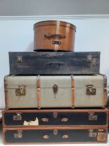 A quantity of luggage to include a vintage truck with bentwood reinforcement, an Edwardian