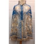 A mid 19th Century Anglo-Indian embroidered cape having blue ground with intricate cream silk