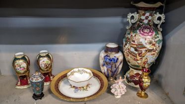 A mixed lot to include a large Satsuma vase, Limoges plate, a pair of Vienna vases, cloisonne vase