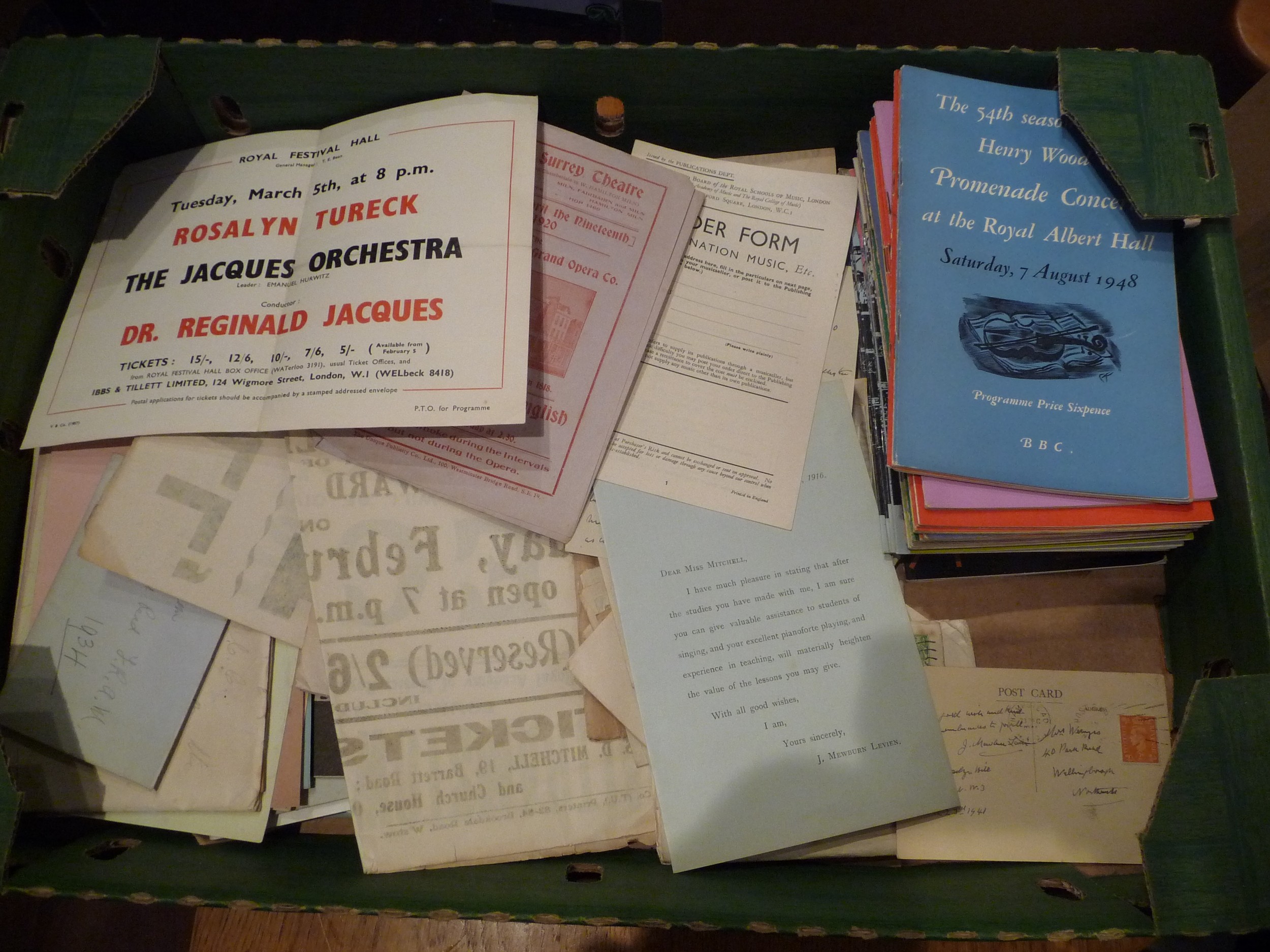 Mixed 1920’s-1950’s music related ephemera to include posters, venue and Proms programmes, letters - Image 2 of 9