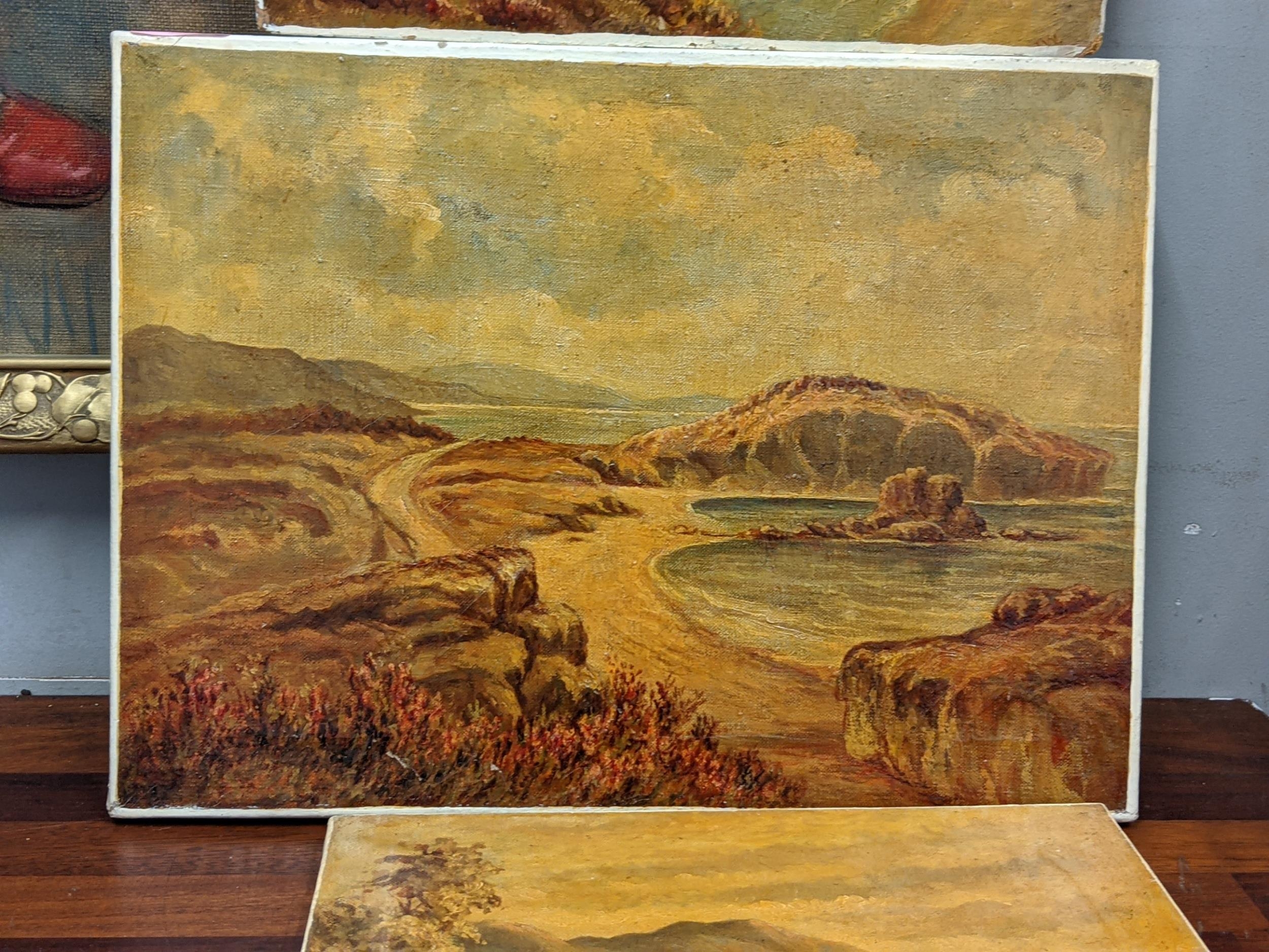 Four oil paintings, three on canvas and one on board, depicting two seascapes and two lake scenes - Image 4 of 5