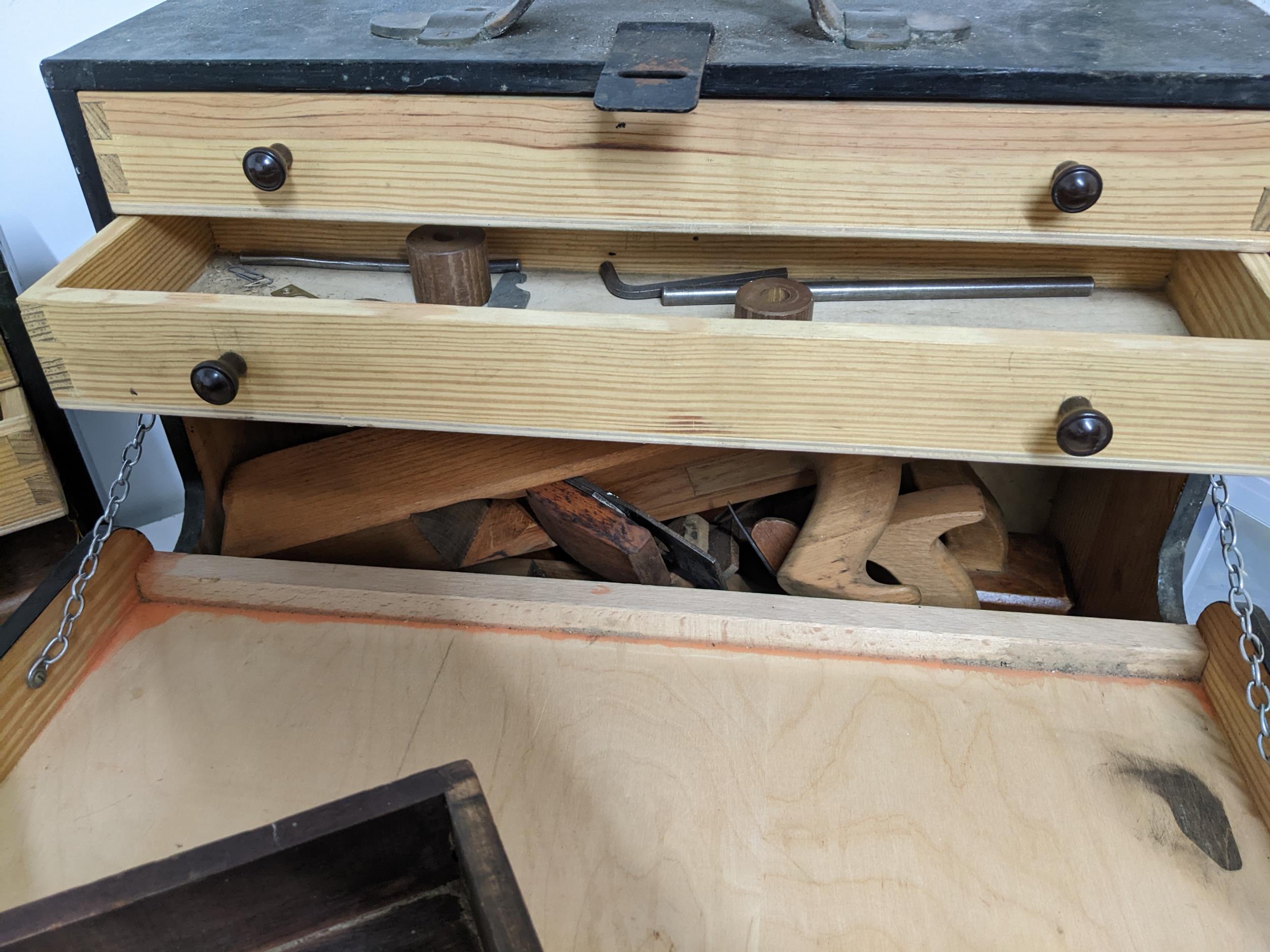 Three early 20th century wooden tool boxes containing various wood working planes and other moulding - Image 2 of 5