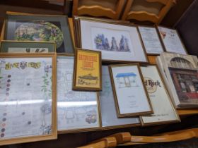 A large quantity of framed and glazed prints, embroideries, and restaurant menus to include a double