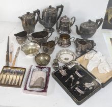 A collection of silver plated items to include a set of five condiments in a fitted case, tea and