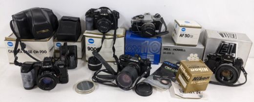 Mixed cameras and accessories to include an Olympus OM-2, Olympus OM10, Minolta 9000, Nikkormat