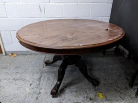 A Victorian tilt topped breakfast table, circular mahogany top with moulded edge, on a turned and