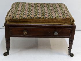 A Regency mahogany stool with a tapestry top and a drawer on ring turned legs Location: If there