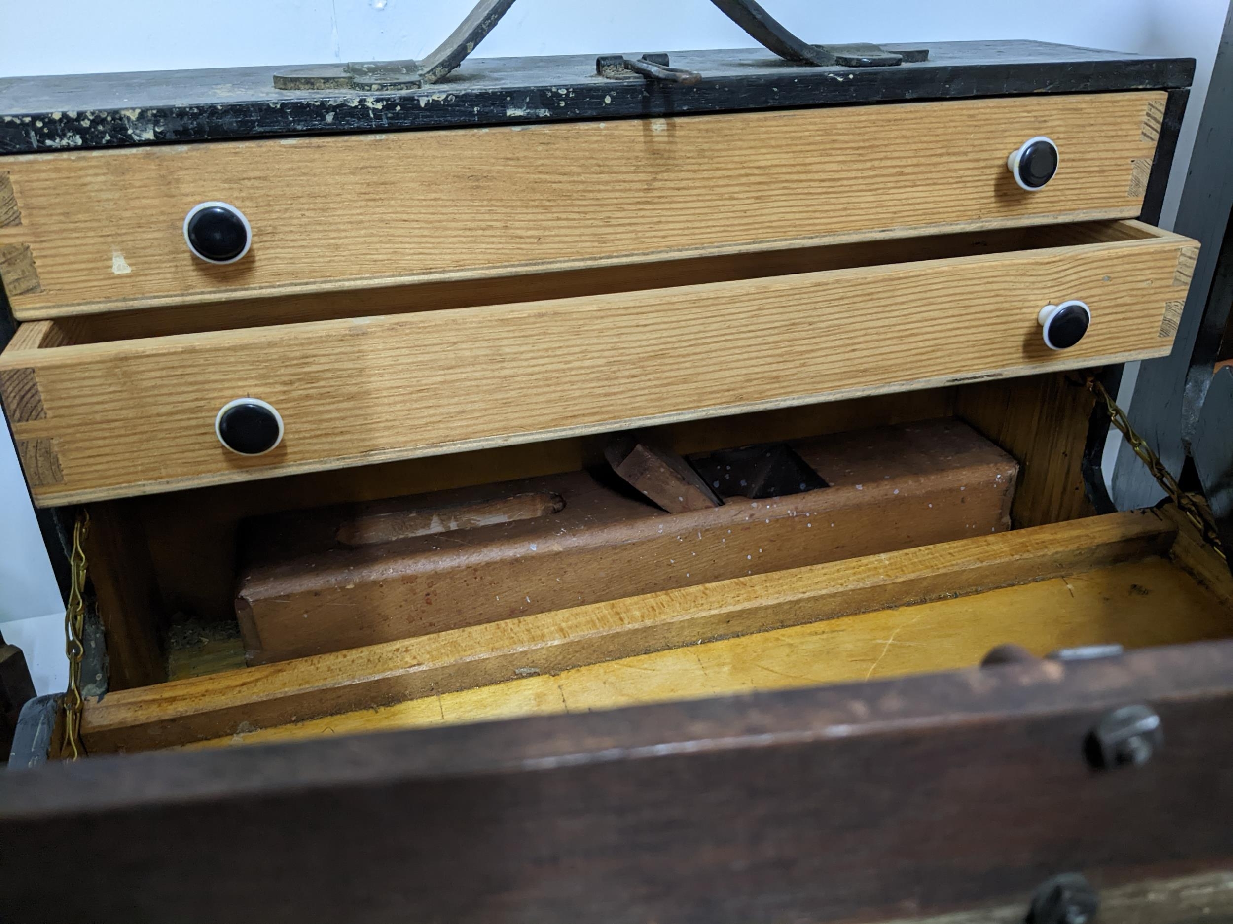 Three early 20th century wooden tool boxes containing various wood working planes and other moulding - Image 3 of 5