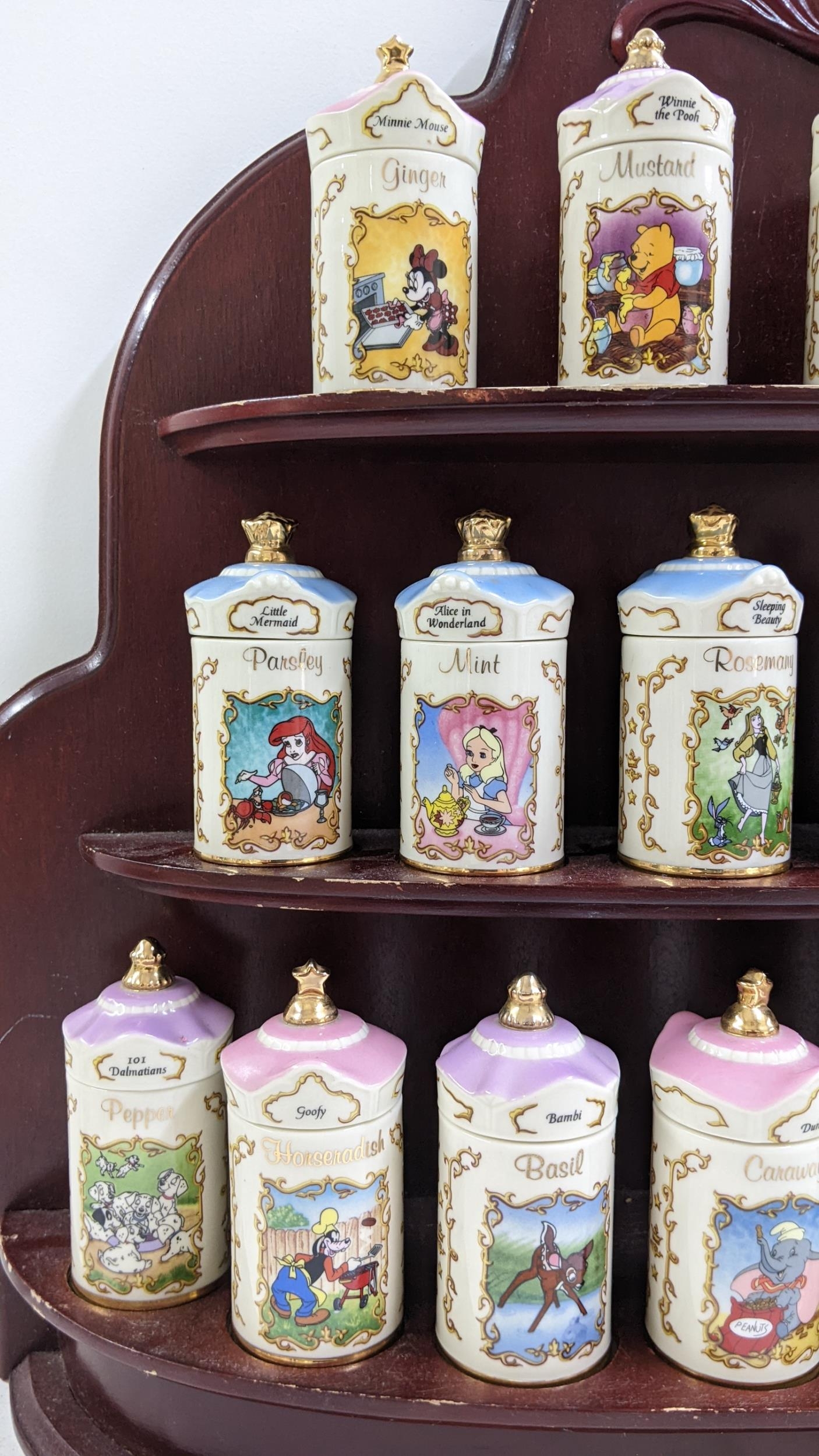 A Lenox Walt Disney fine porcelain jar collection housed within a mahogany wall hanging three tier - Image 3 of 5