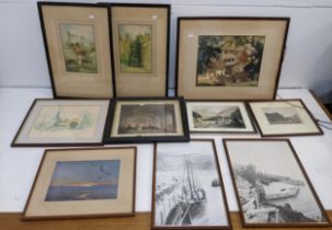 Pictures to include a Peter Scott print, a watercolour street scene, and others Location: If there