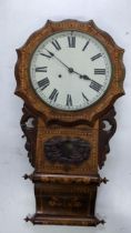 A late 19th century walnut parquetry inlaid drop dial American clock having a painted 12" dial and