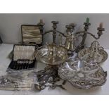 Mixed silver plate to include a tea pot, loose cutlery, embossed basket and other items Location: If