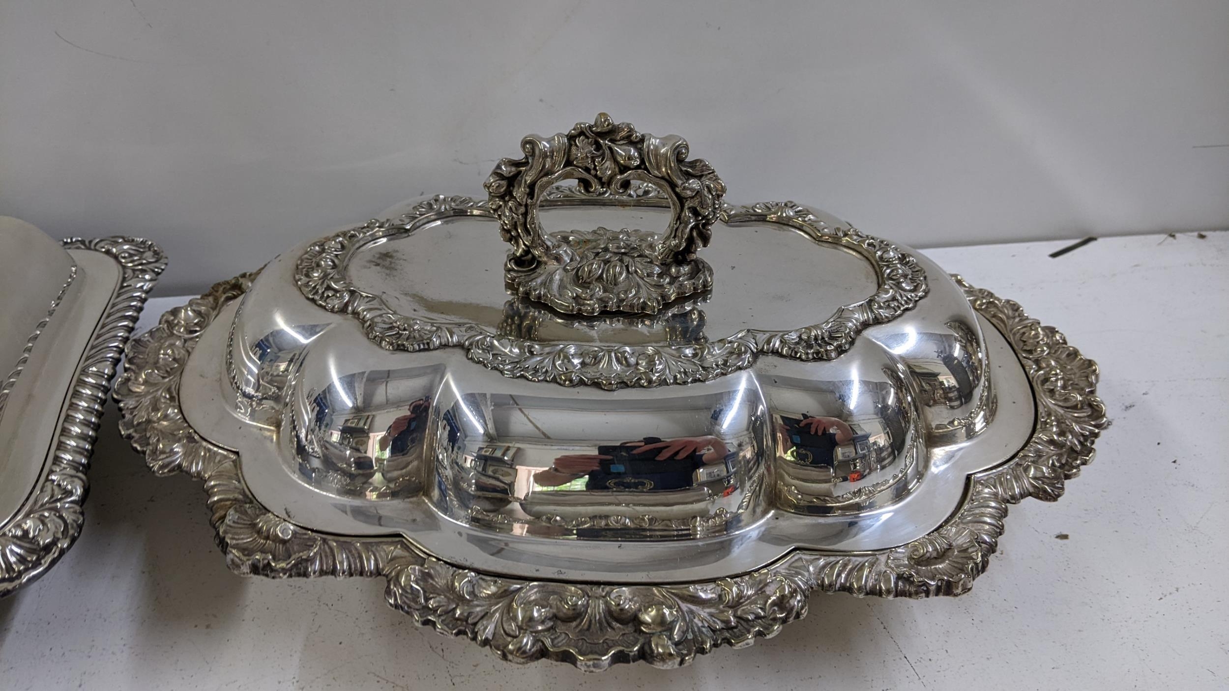 Four silver plated serving tureens to include a matching pair with C scroll handles, engraved with - Image 2 of 4