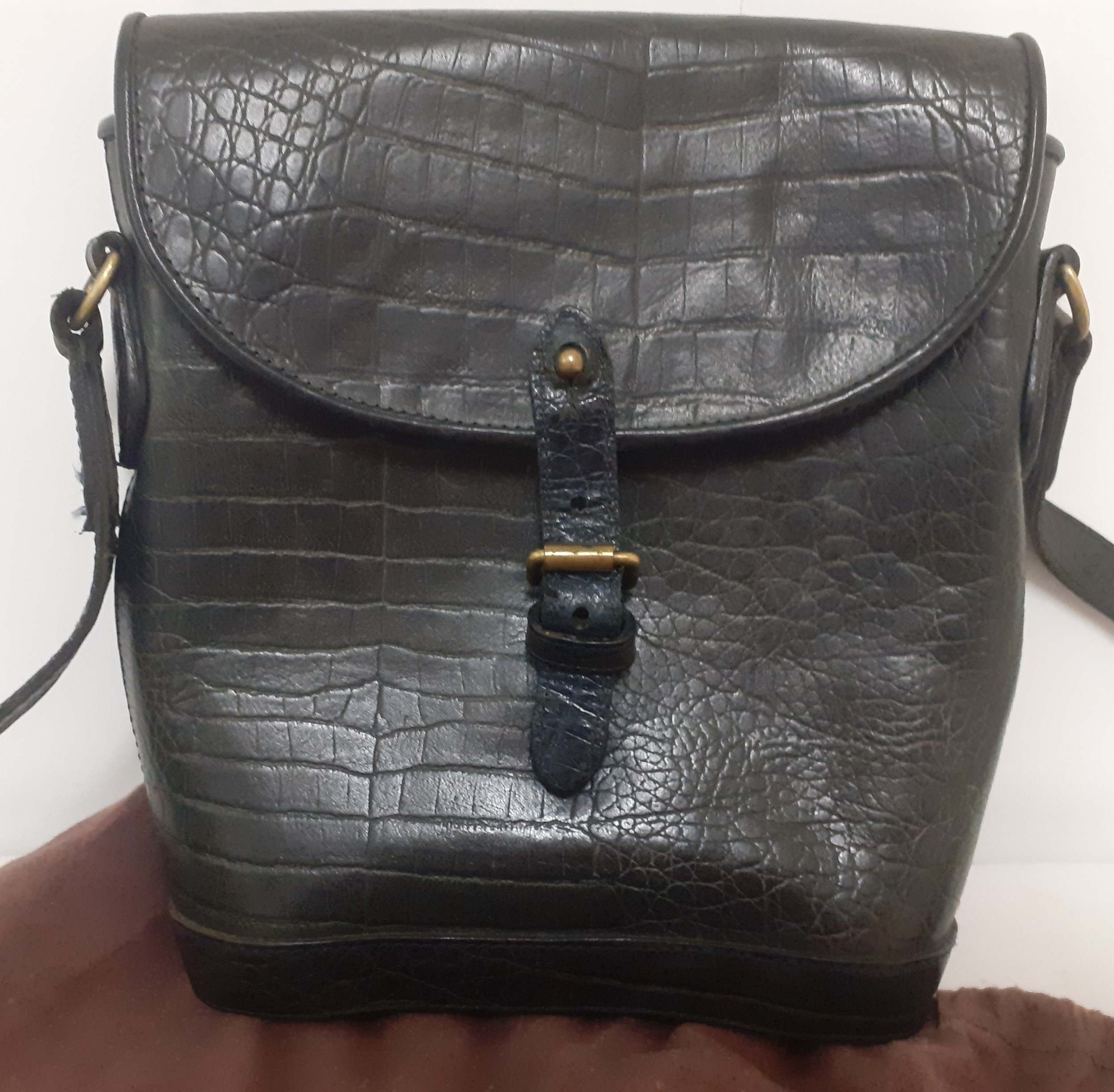 Mulberry-A late 20th Century cross-over dark blue leather bag with faux reptile design having - Image 2 of 8