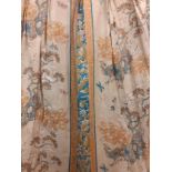 Three pairs of late 20th Century triple pleat curtains having a Oriental theme with images of