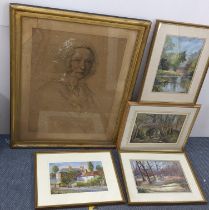 Mixed pictures to include a Victorian pastel portrait depicting a lady 64cm x 47cm, framed; and four