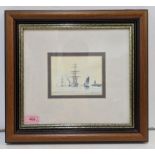 A watercolour on board depicting two tall shops and a smaller yacht near a harbour, signature 'peter