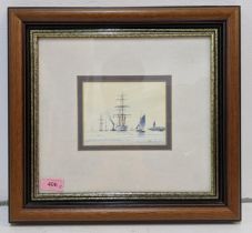 A watercolour on board depicting two tall shops and a smaller yacht near a harbour, signature 'peter
