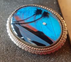 A mixed lot comprising a vintage morpho butterfly wing brooch, a 9ct gold and silver ring with