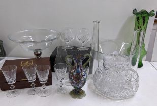 Mixed glassware to include a pair of boxed Waterford brandy glass, a Murano millefiori twin