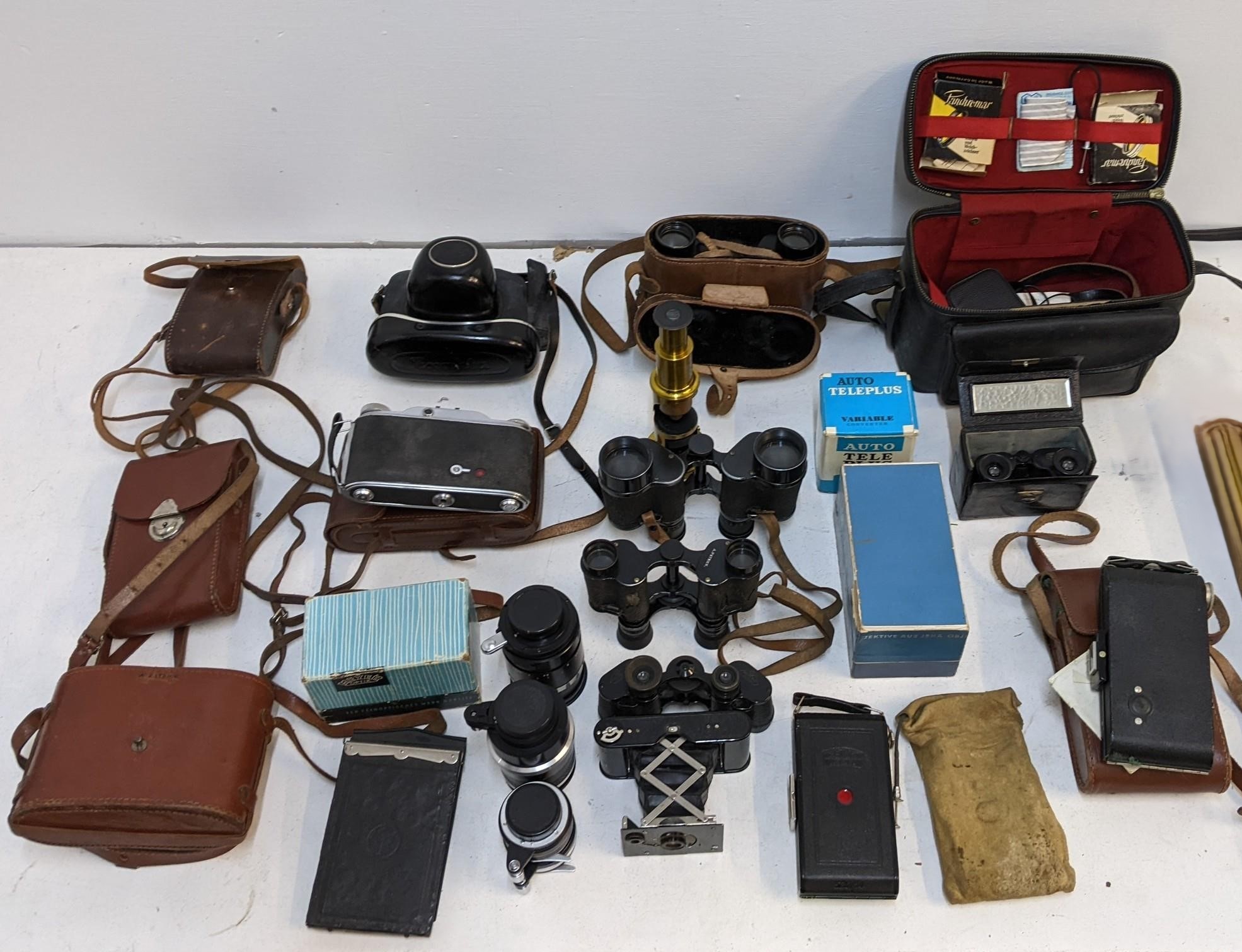 Binoculars and photographic related equipment to include an Eastman Kodak camera, Grodenstock