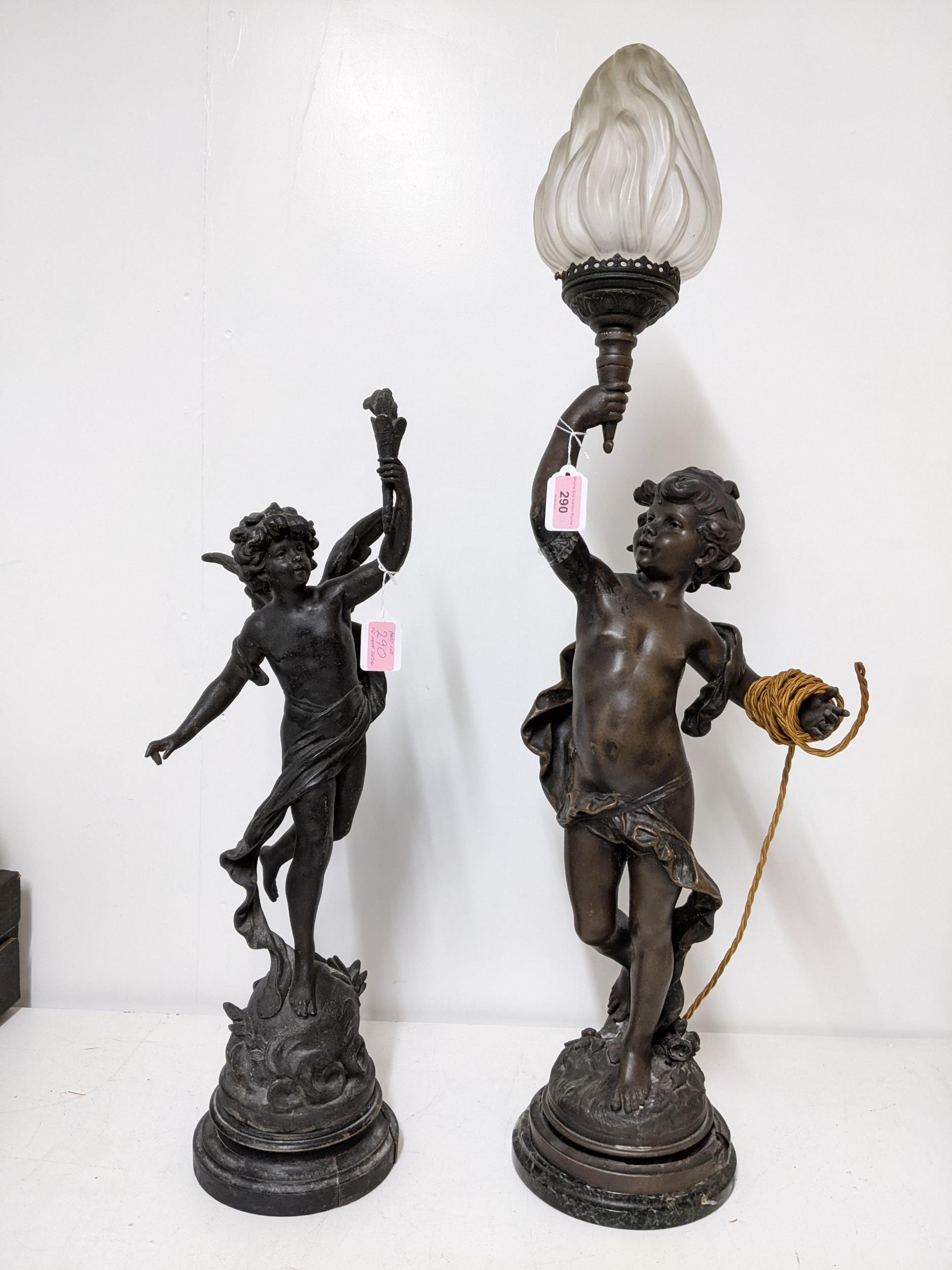 After Moreau - a French 19th century patinated spelter figural table lamp of a young boy scantily