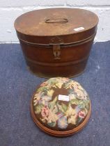 A Victorian metal hat box together with a wooden footstool having a tapestry top. Location:BWR