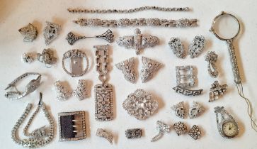 A quantity of early to mid 20th Century white paste and rhinestone costume jewellery and shoe