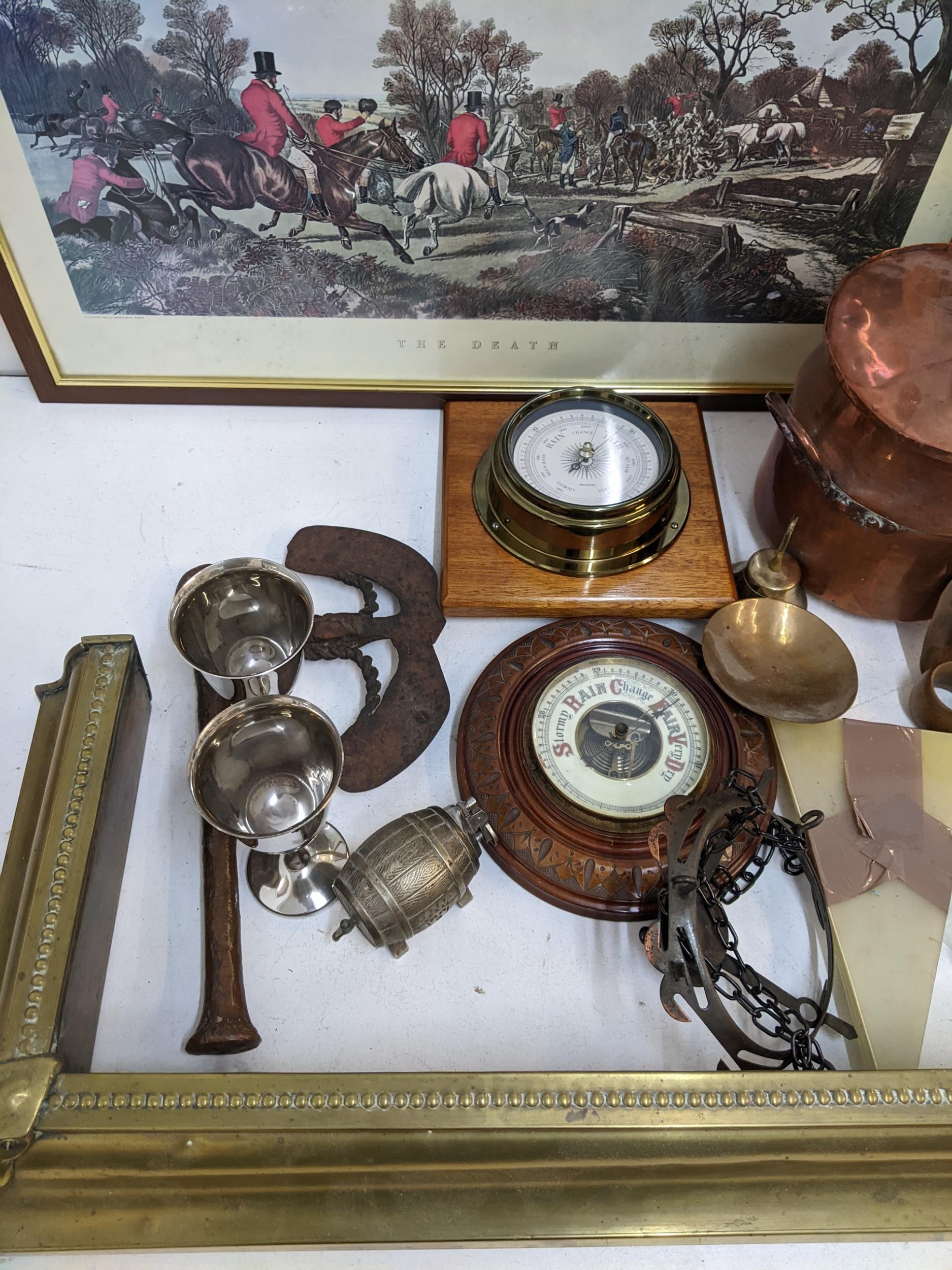 A mixed lot of collectables to include two glass chandeliers, barometers, brass fire surround, - Image 2 of 3