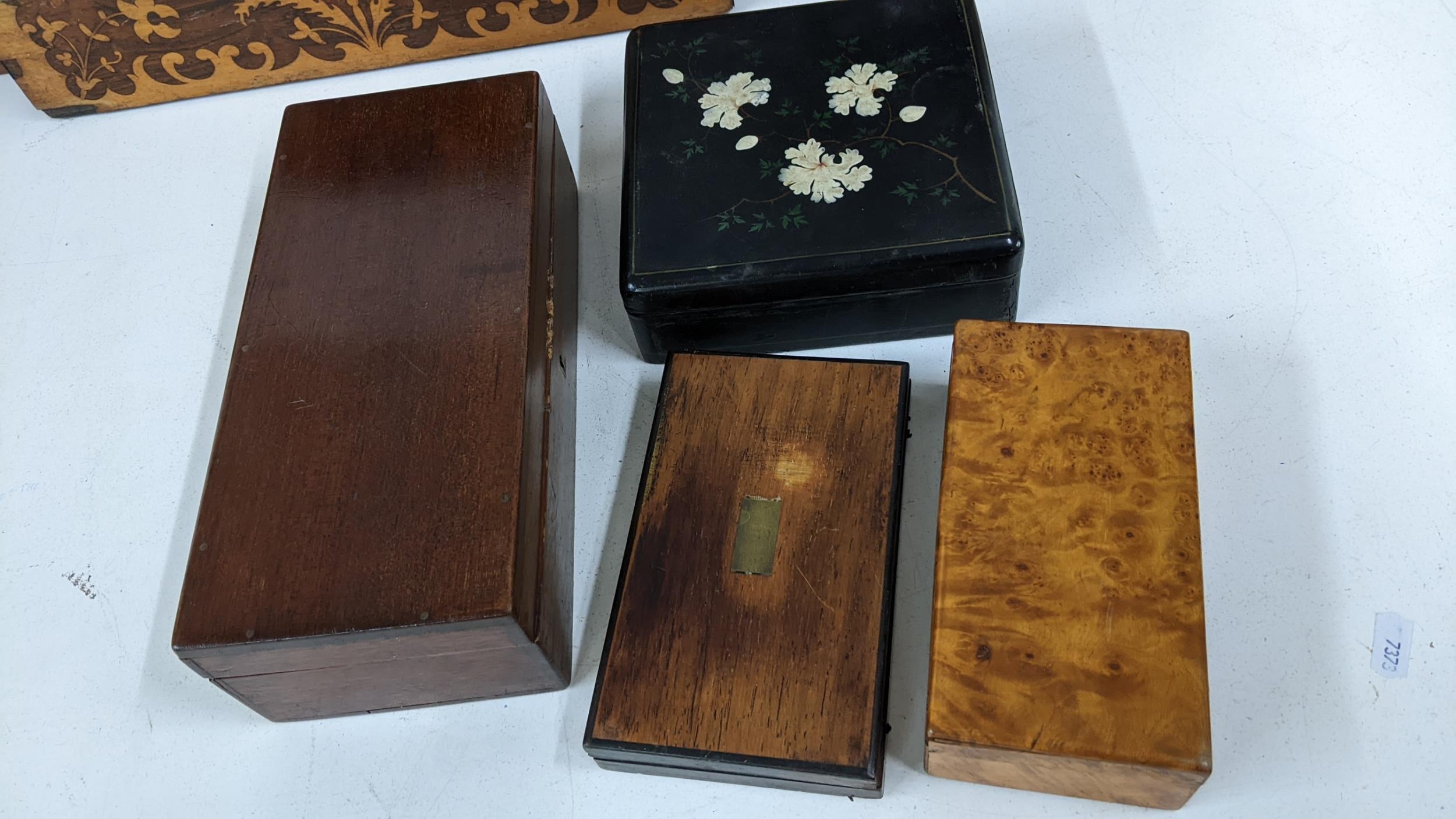 A selection of mainly 19th century boxes to include a rosewood marquetry inlaid example, an early - Image 2 of 5