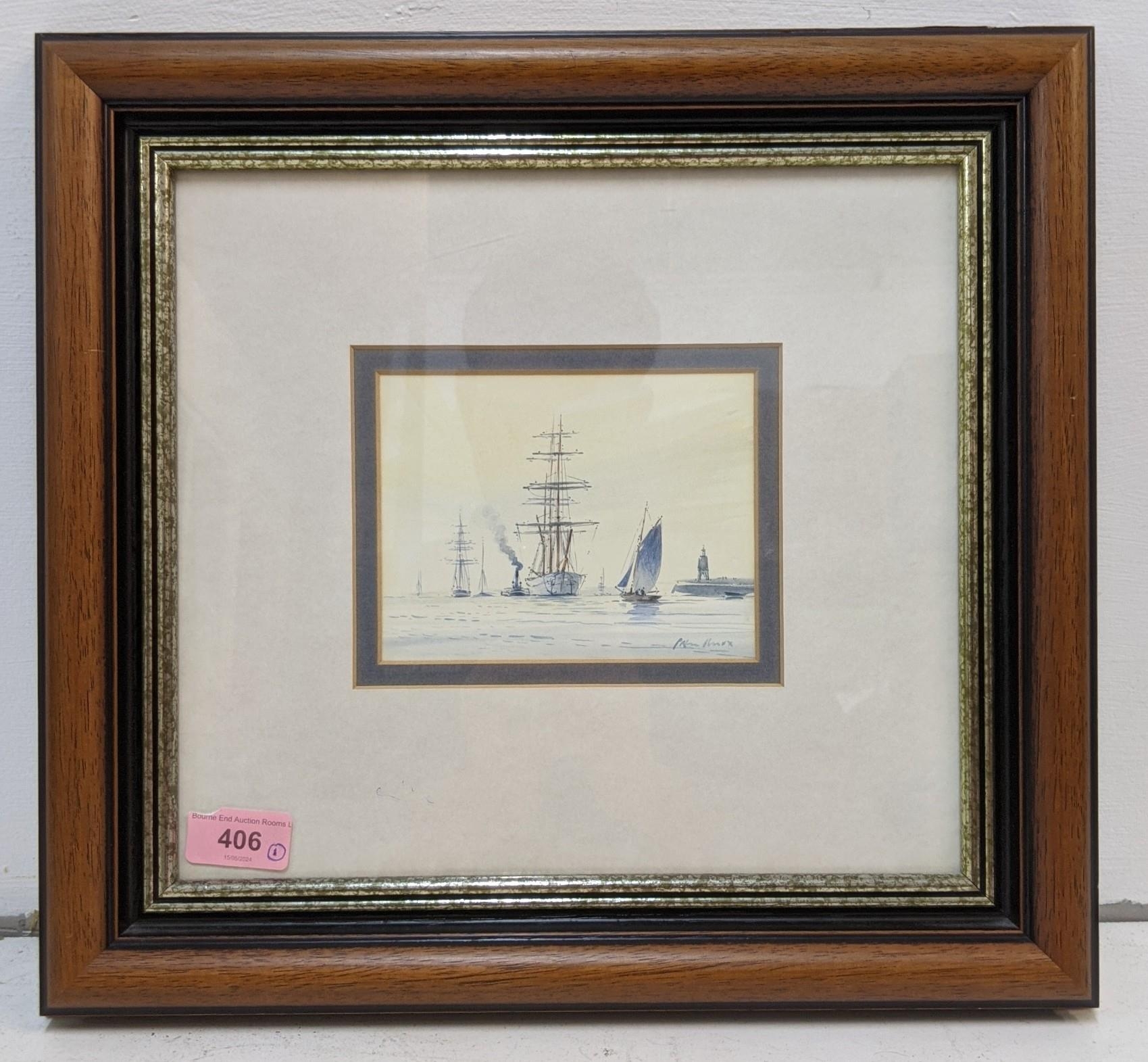 A watercolour on board depicting two tall shops and a smaller yacht near a harbour, signature 'peter