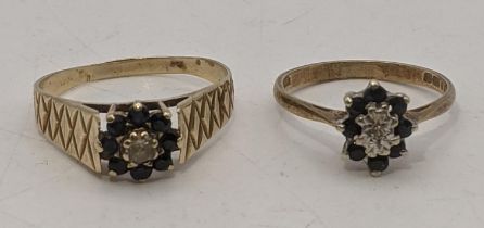Two 9ct gold sapphire and diamond ladies rings both fashioned as flower heads 4.6g Location: If