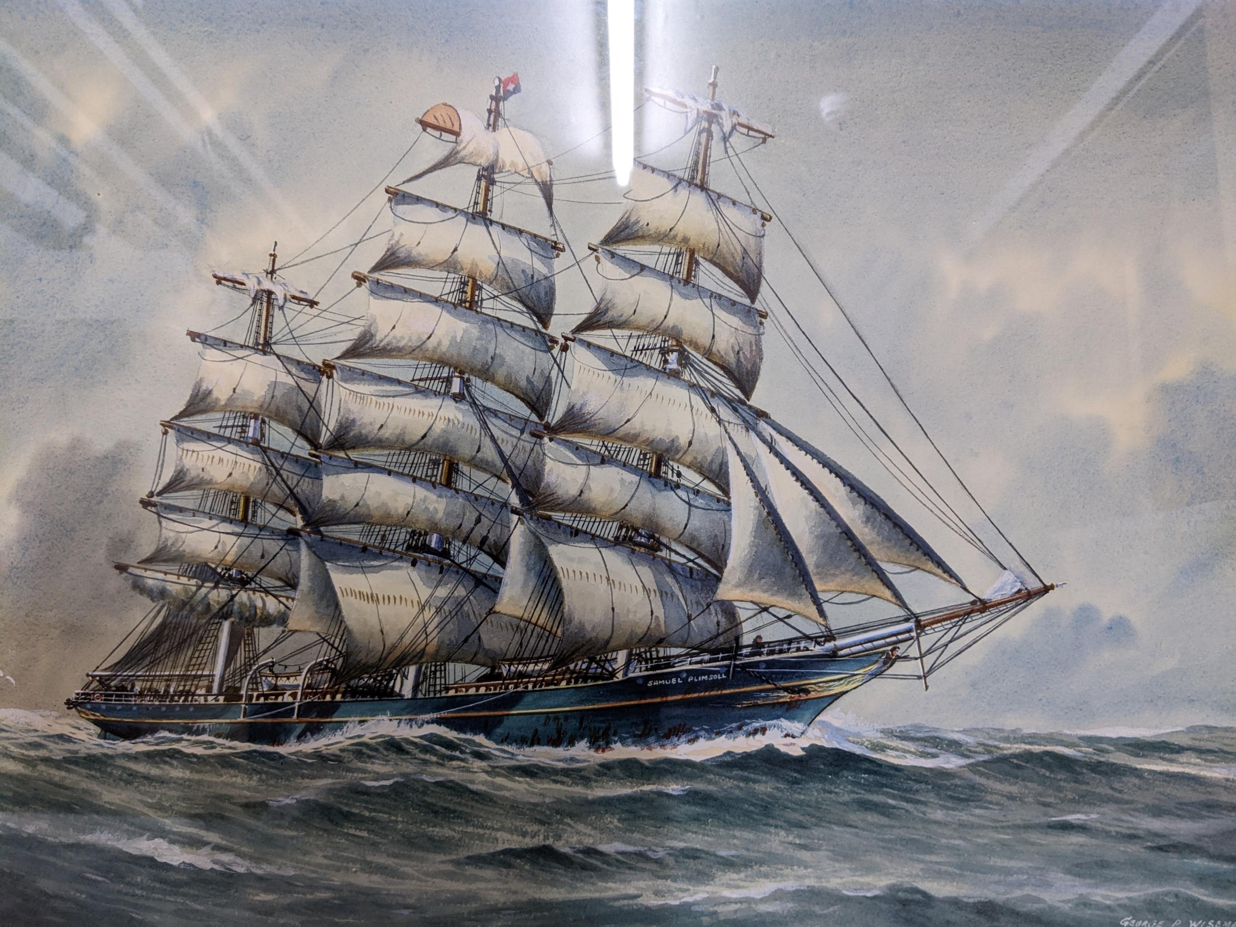 George P Wiseman - study in watercolour of the Samuel Plimsoll, a three-masted sailing vessel, - Image 2 of 4