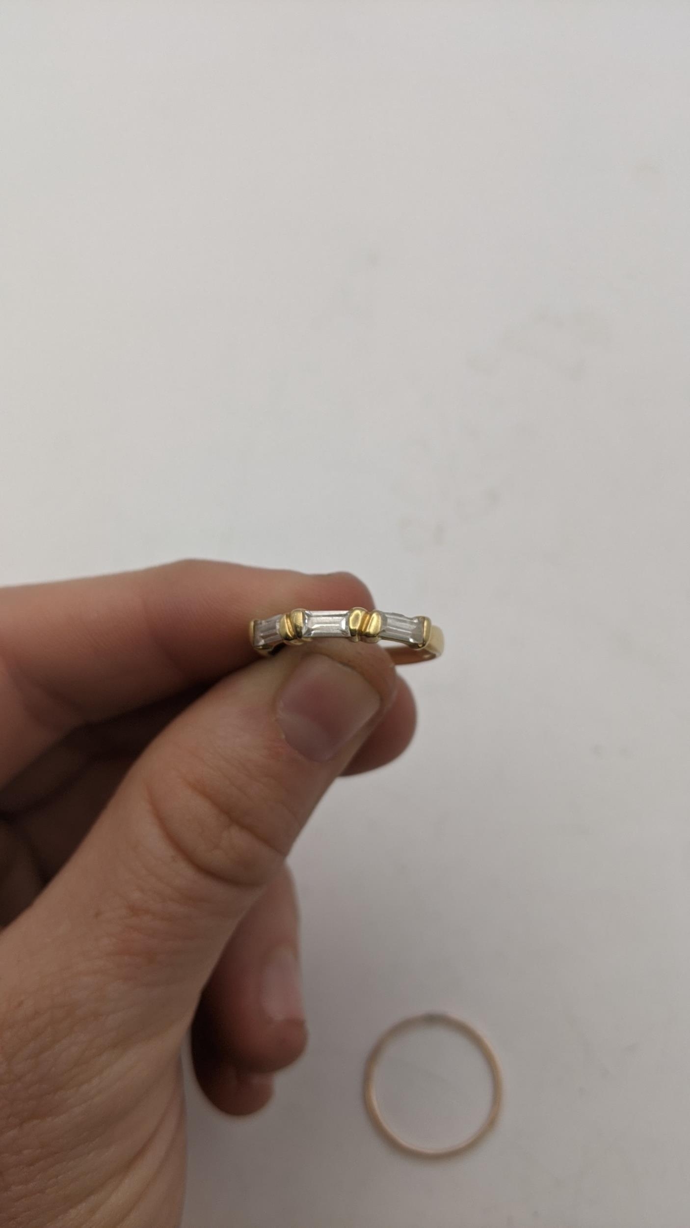 Gold coloured rings, one set with paste stones, tested as 18ct, 2g, and another tested as 9ct, 0. - Image 2 of 3